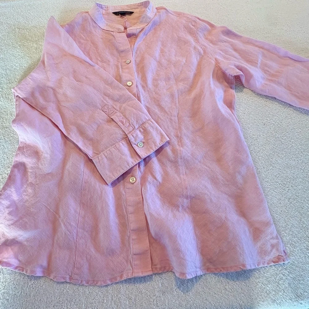 Lands’ End Women’s Pink Linen Button-Up Blouse Mandarin Collar Size 12 - Picture 3 of 9